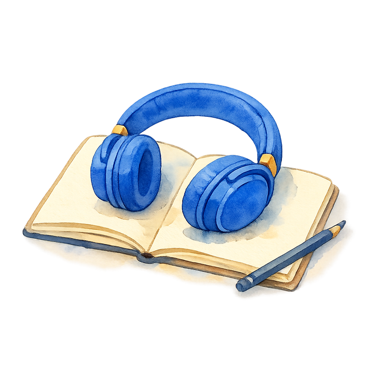 Headphones resting on an open notebook